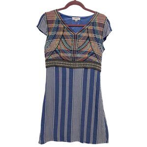 THML Blue Striped Embroidered Boho Cap Sleeve Dress‎ Size M